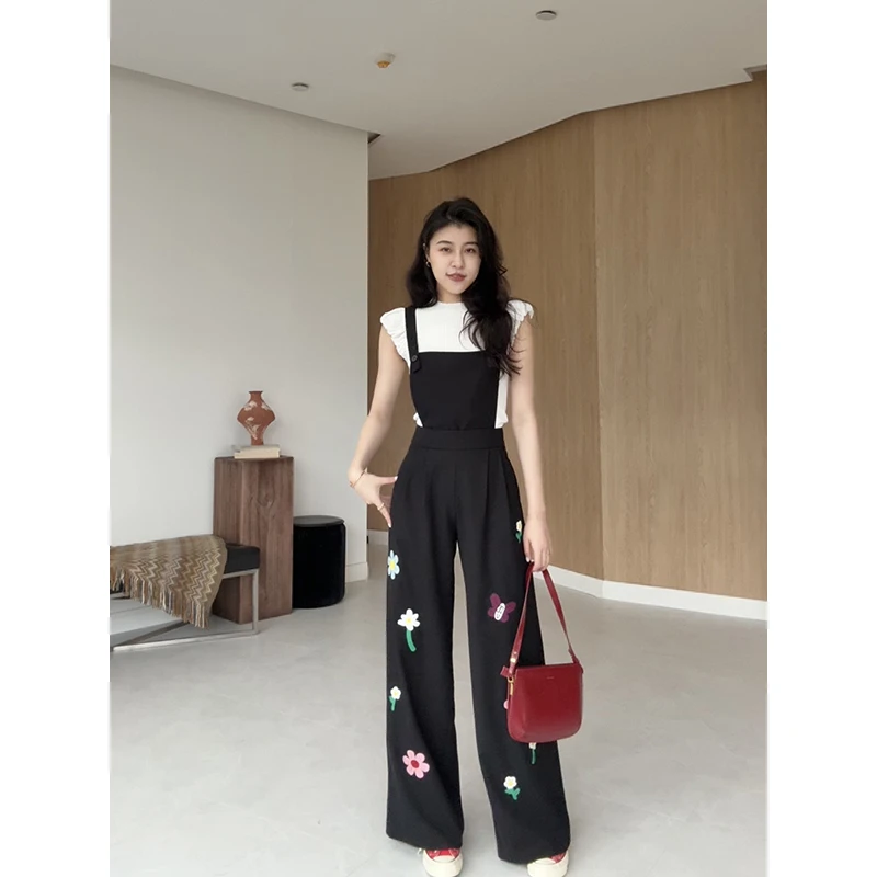 张阿星【活力海风】重工韩版休闲刺绣背带裤+飞袖百搭T恤W425Z04123