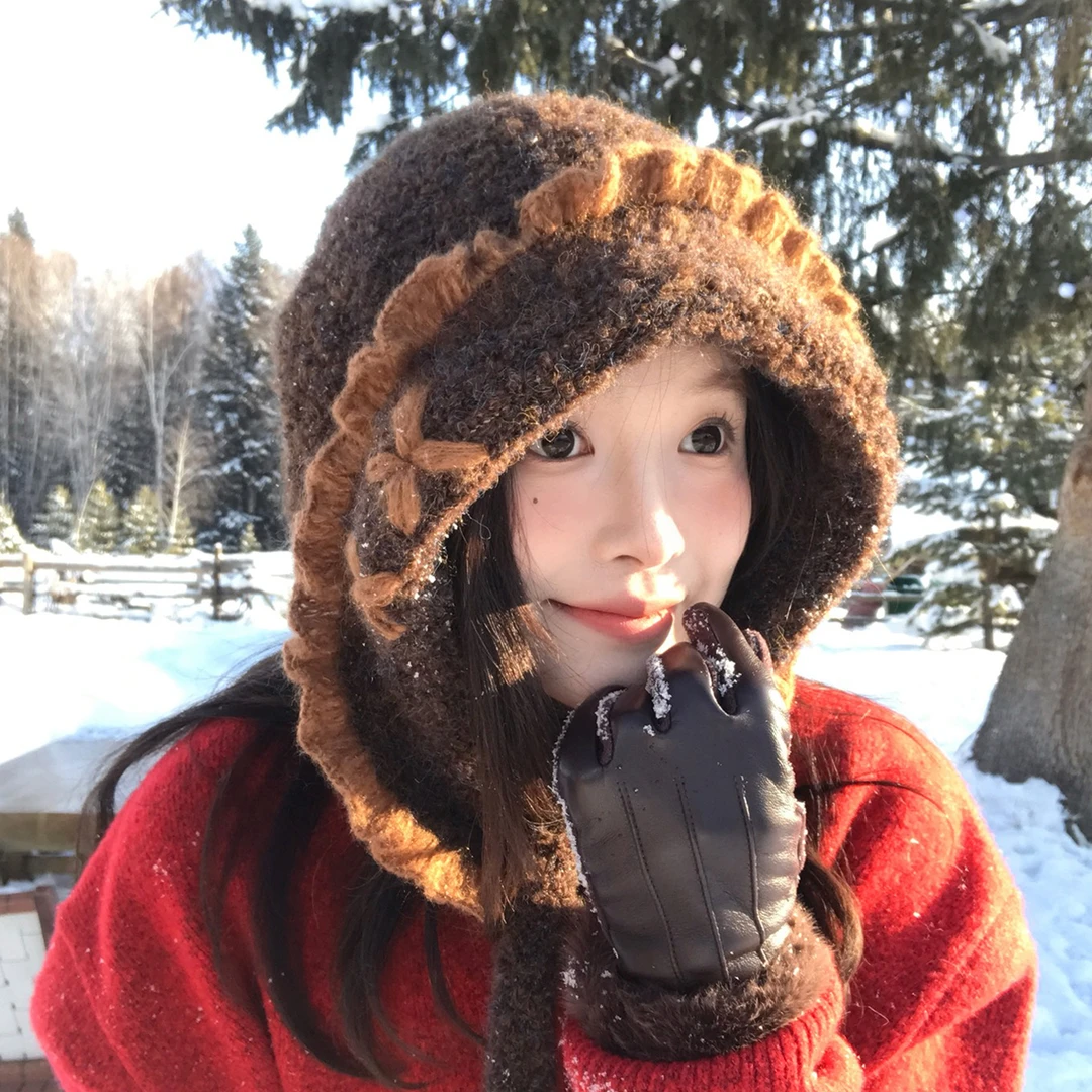 【复古文艺】韩系咖色木耳边针织包头帽子秋冬氛围感百搭保暖护耳帽