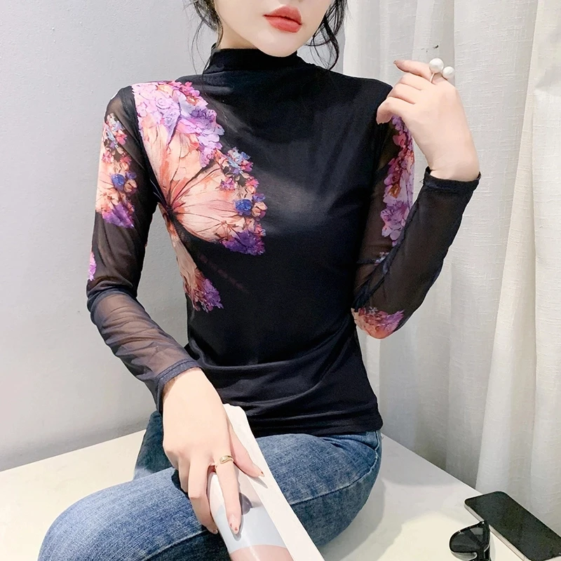 2025秋冬新款百搭高领印花显瘦网纱印花长袖 T恤洋气时尚