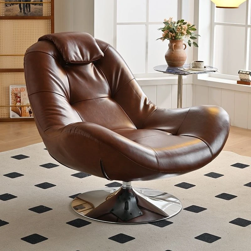 意式单人沙发椅设计师油蜡真皮家用休闲可旋转懒人餐椅家用餐椅