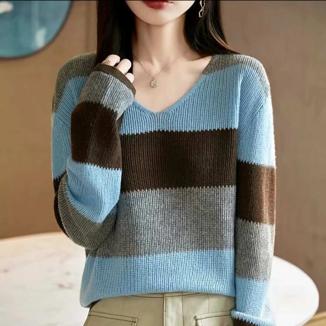 女撞色条纹针织秋季V领长袖毛针织衫打底百搭套头上衣
