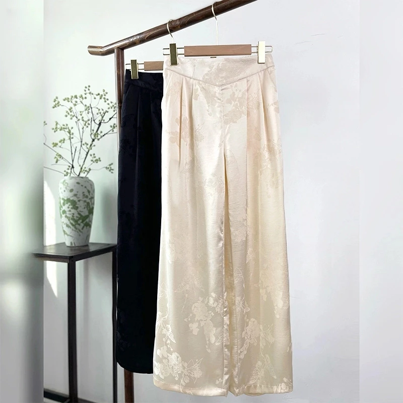 [沉梦] 夏季新款新中式休闲裤宽松直筒提花垂感高腰百搭阔腿裤女