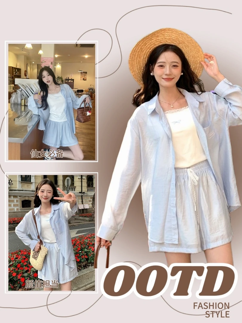亚麻天丝夏季韩系慵懒风套装长袖衬衫吊带背心短裤三件套19