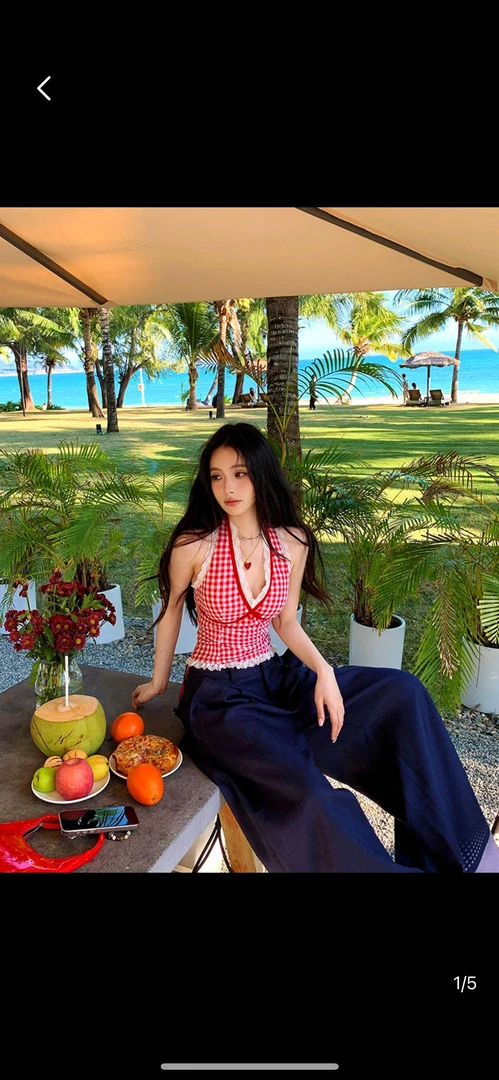 蓝色辣妹背心吊带女夏季小众设计性感蕾丝格纹挂脖上衣外穿