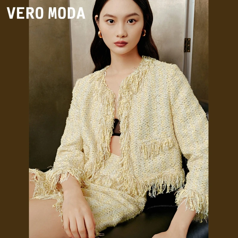 Vero Moda夹克商场同款新品流苏边亮片九分袖小香风夹克325117015