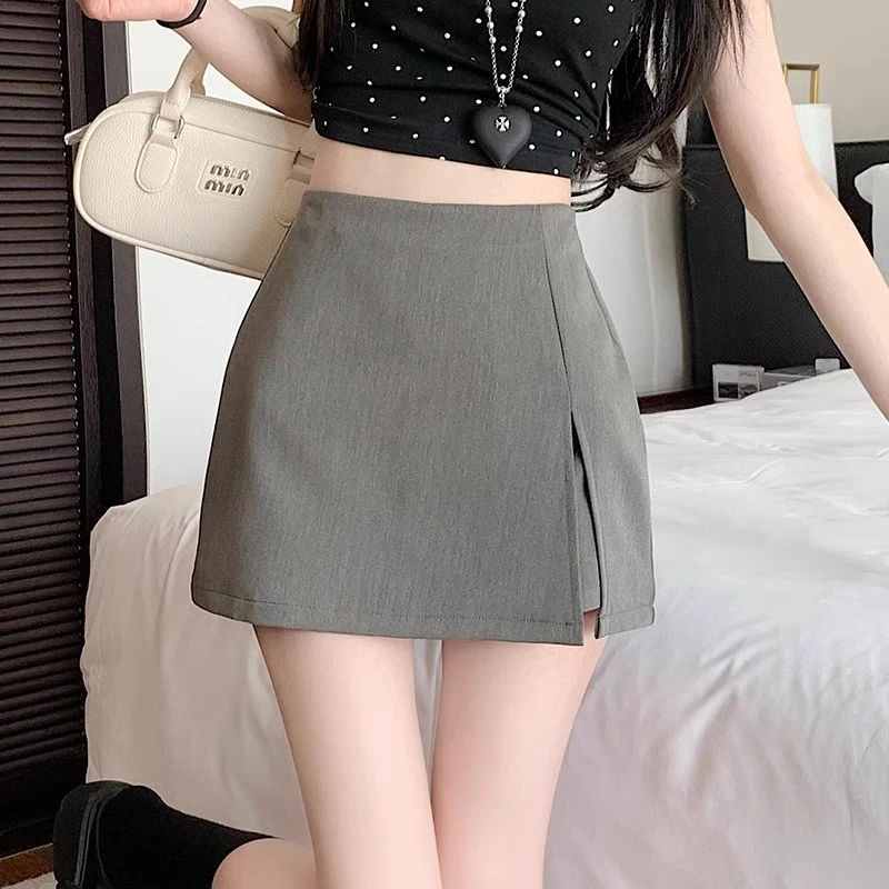 秋季设计感双层开叉西装半身裙裤女小个子短款包臀裙假两件a字裙