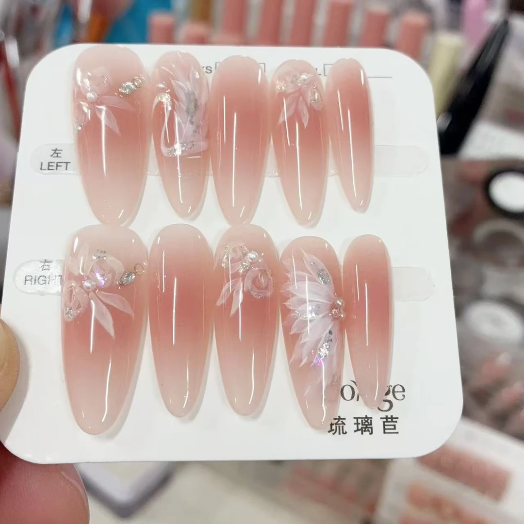 天鹅之梦 琉璃苣 纯手工手绘天鹅羽毛玫瑰款穿戴美甲贴片