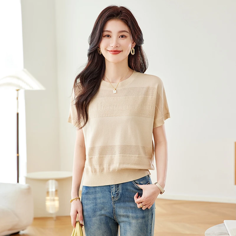 冰丝针织衫短袖t恤女士夏季2025新款宽松显瘦遮肚上衣V领时尚镂空