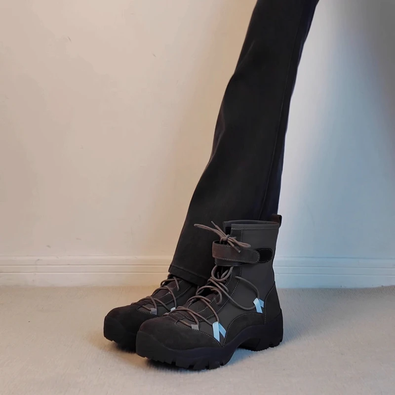 自留版！2025新款复古风圆头浅口一脚蹬时尚系带魔术贴简约时装靴