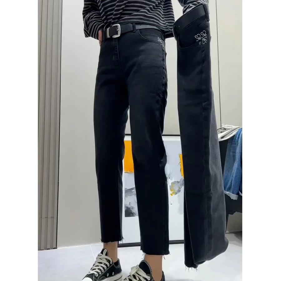 黑灰色高腰显瘦直筒牛仔裤女2025秋季弹力小个子九分毛边法棍裤子