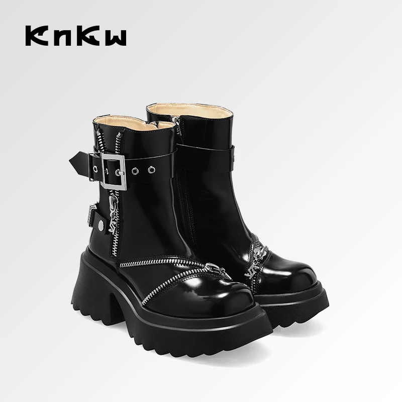 KNKW时尚流行短靴2025年黑色百搭粗跟圆头厚底时装靴W3713H086