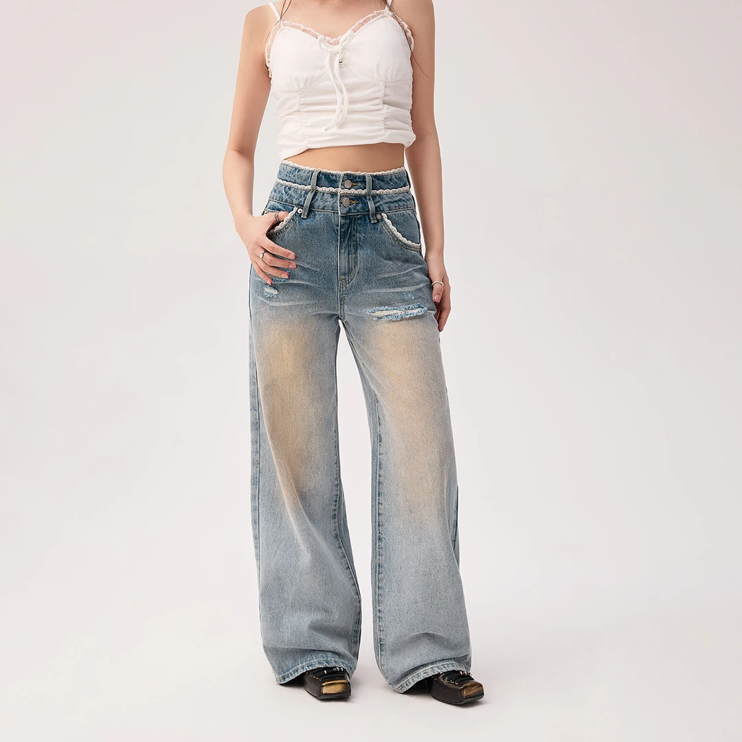 CHUU刺绣蕾丝牛仔裤拼接设计水洗破洞做旧阔腿新派简约女孩牛仔裤