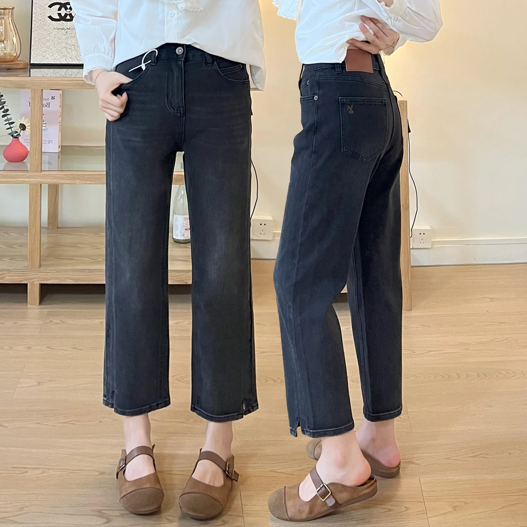 黑色直筒牛仔裤女秋季新款宽松显瘦烟管裤微胖大码MM高腰九分裤子