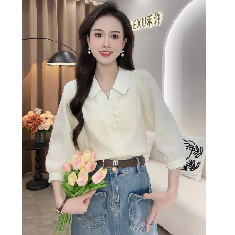 法式时尚复古盘扣设计感POLO领衬衫女2024夏季新款百搭七分袖上衣