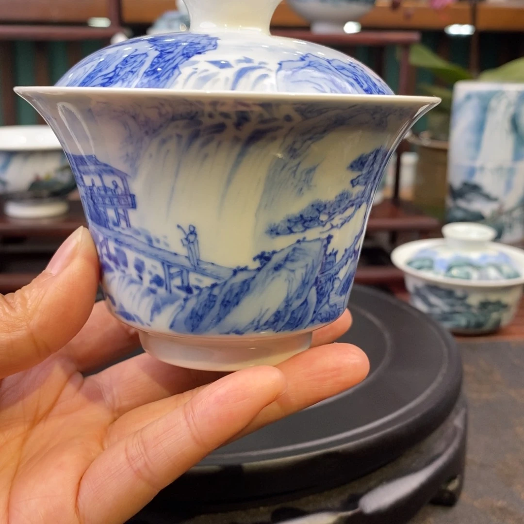 手工陶瓷柴窑山水盖碗
