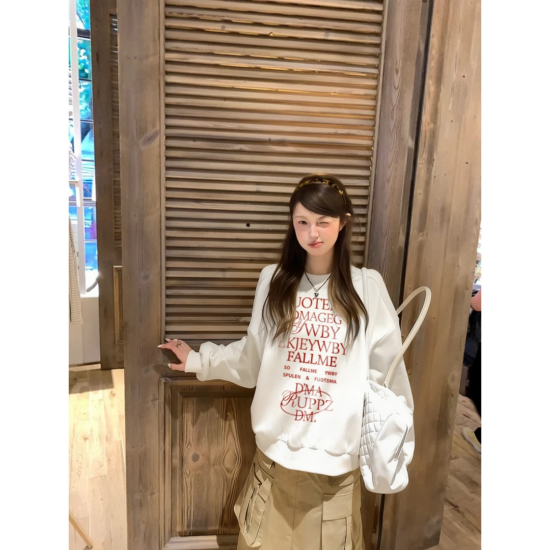 YWBY秋冬新款女装加绒加厚卫衣宽松休闲百搭字母印花上衣长袖圆领