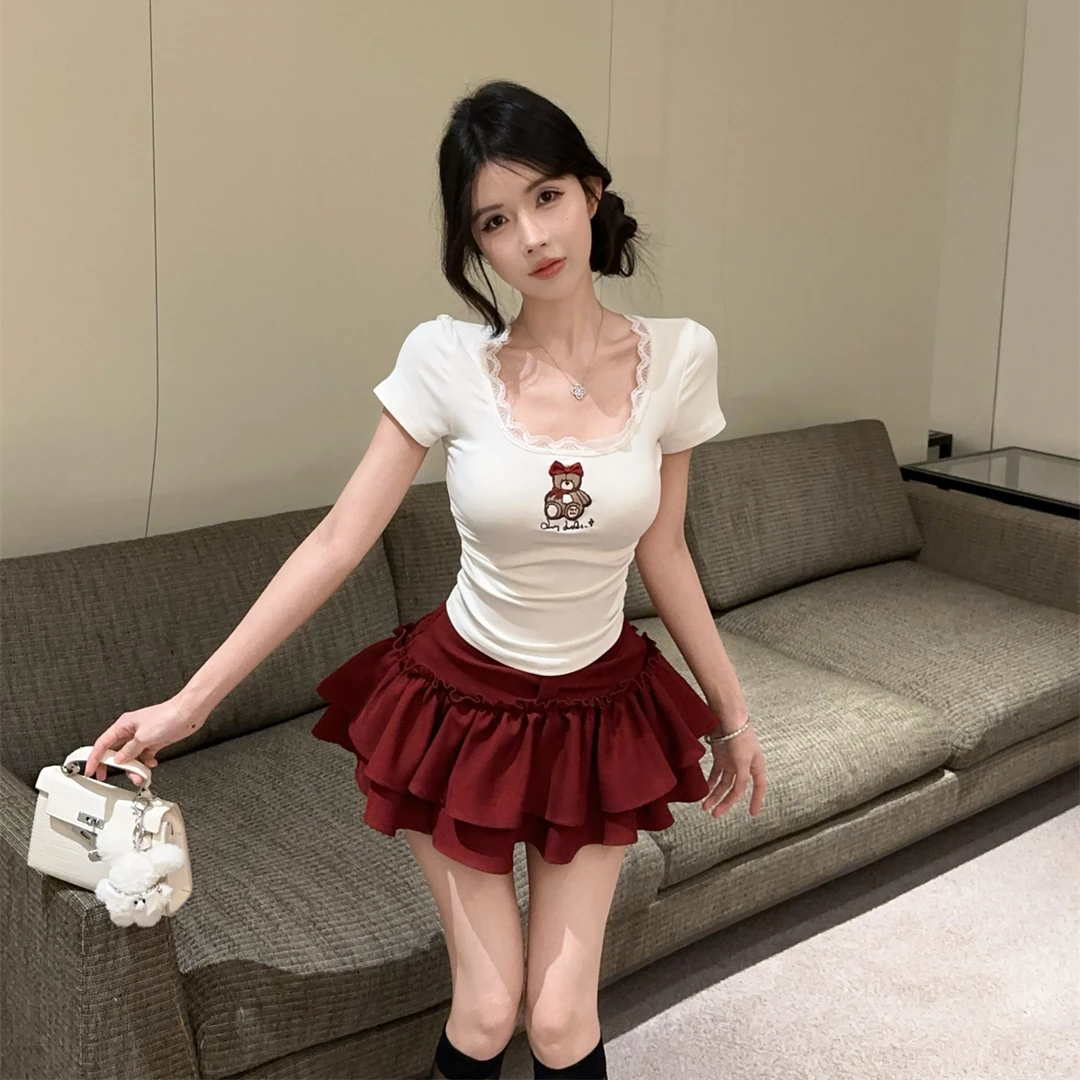 夏季甜辣纯欲蕾丝花边小熊短袖T恤上衣高腰蓬蓬裙蛋糕短裙两件套