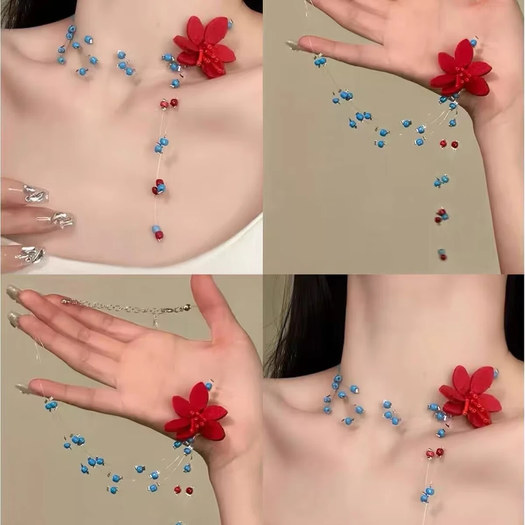 铜合金项链 春日多巴胺花朵choker锁骨链项链蓝色串珠脖子配饰女