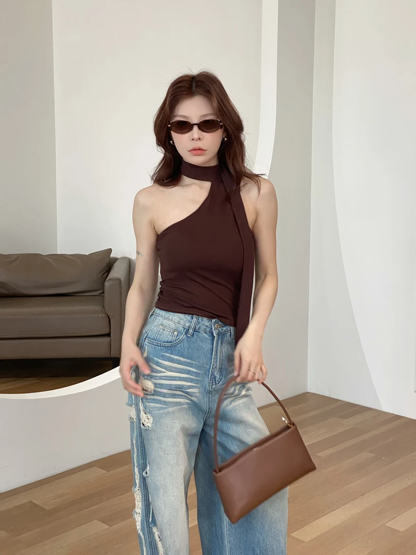 【斯哈背心】夏日辣妹单肩带挂脖背心（含胸垫）