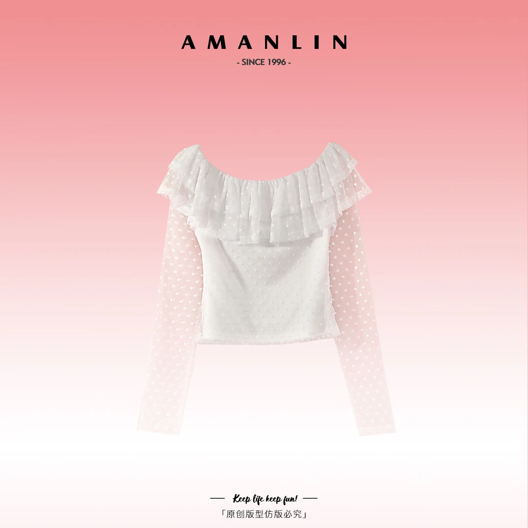 AMANLIN/阿谩琳欧若风百搭纱网花边长袖显瘦一字肩上衣女Y595869