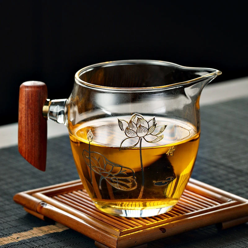 高档加厚玻璃公道杯木把耐热分茶器家用茶具