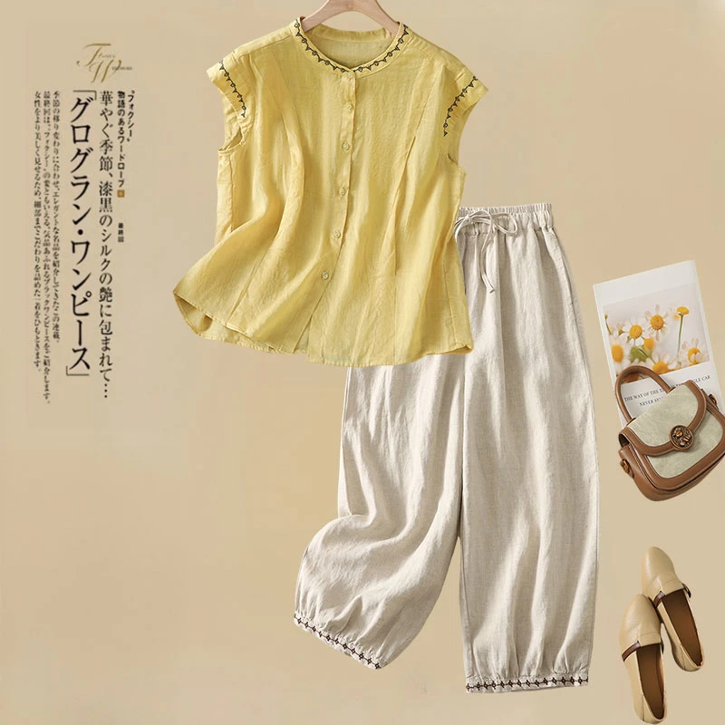 2025新款亚麻刺绣飞飞袖衬衫百搭休闲女上衣系带松紧腰宽松休闲裤