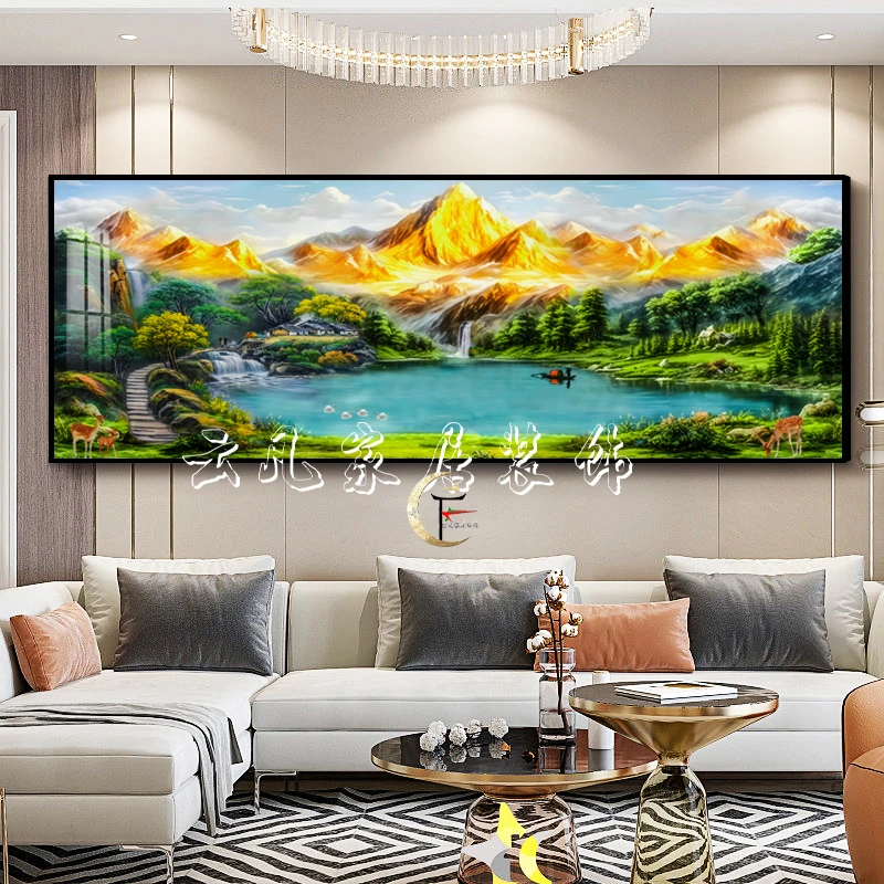 客厅西墙装饰画聚宝盆招财风水画旺宅背靠金山沙发背景挂墙晶瓷画