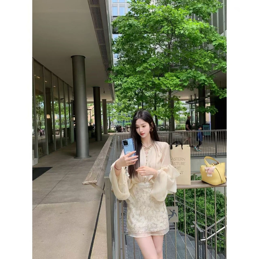 JING【钻石星河】亮珠蕾丝网纱四层重工工艺高腰短款半身裙