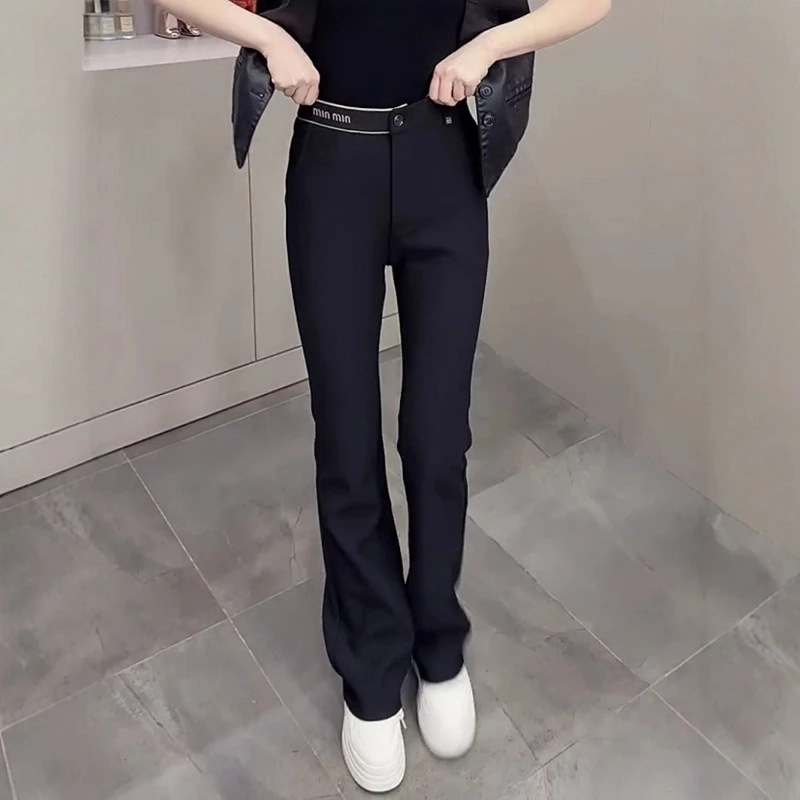 大码女装窄版高腰显瘦休闲长裤女2025春季新款流行弹力微喇叭裤子
