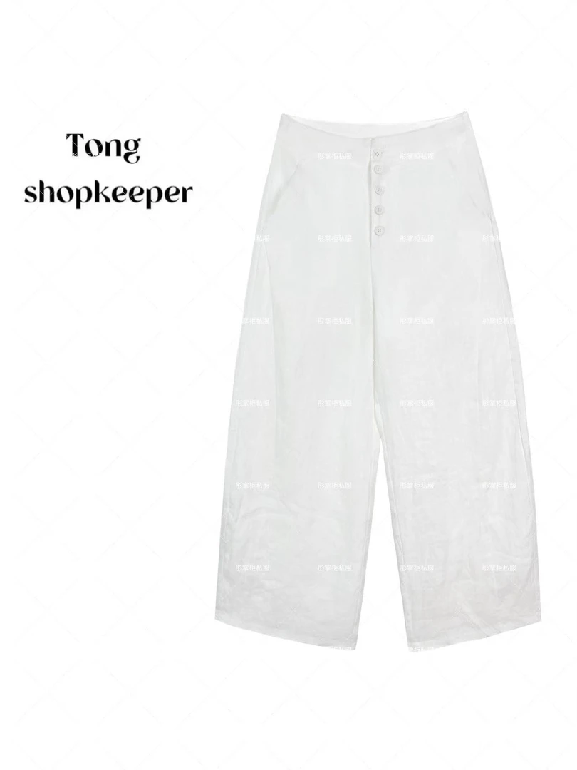 QJ/彤掌柜1682207 夏季2025高定100亚麻裤静奢中长纽扣显瘦休闲裤