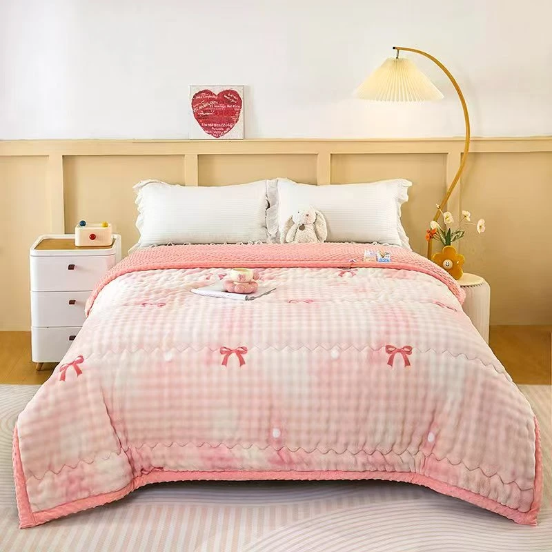 加厚泡泡绒冬款豆豆被子双人保暖1.5x2温柔粉