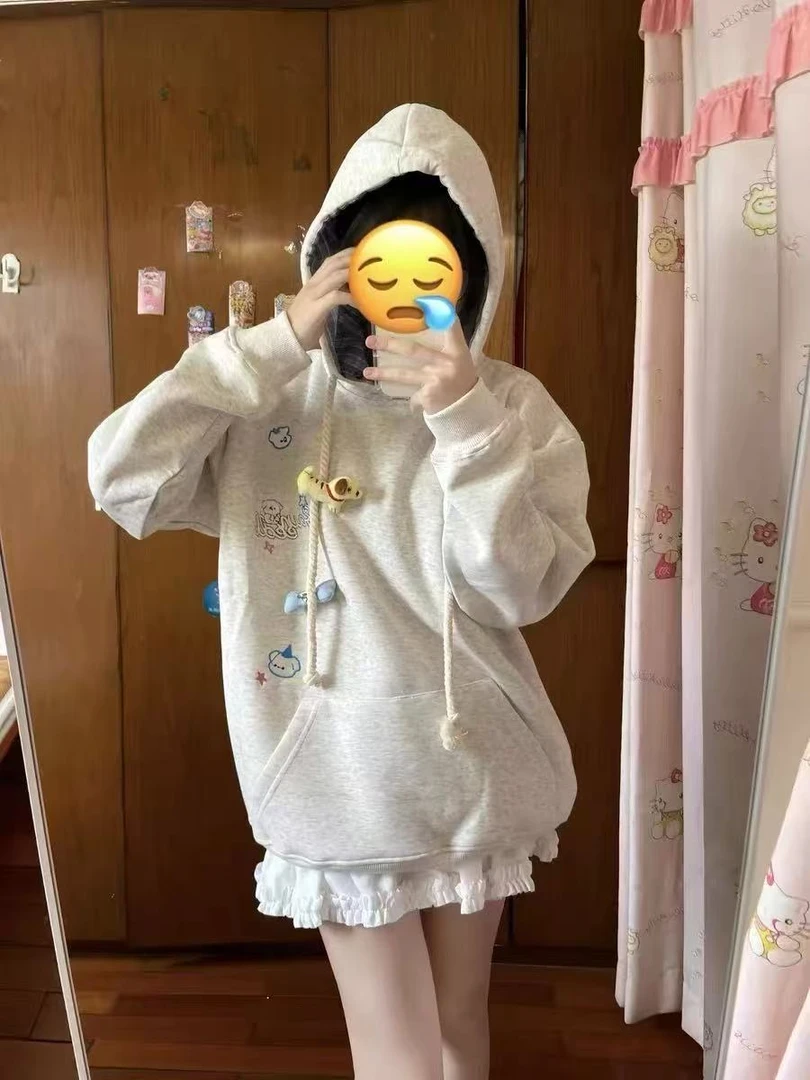 超好看可爱小狗格纹连帽卫衣男女宽松慵懒chic情侣帽衫外套潮ins