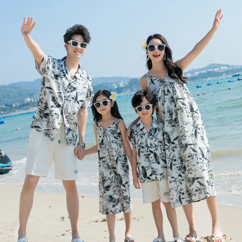 夏季海边沙滩套装亲子装一家三四口三亚情侣海边海边亲子装母女装