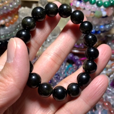 黑曜岩手链未镶嵌摸**虾12mm金耀石手串