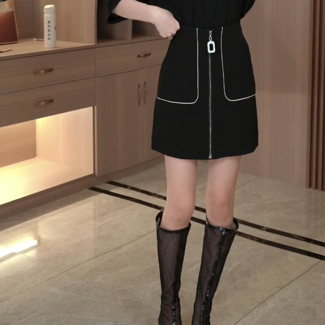 双拉链 春夏短裙新款百搭高腰拉链白色A字包臀半身裙女