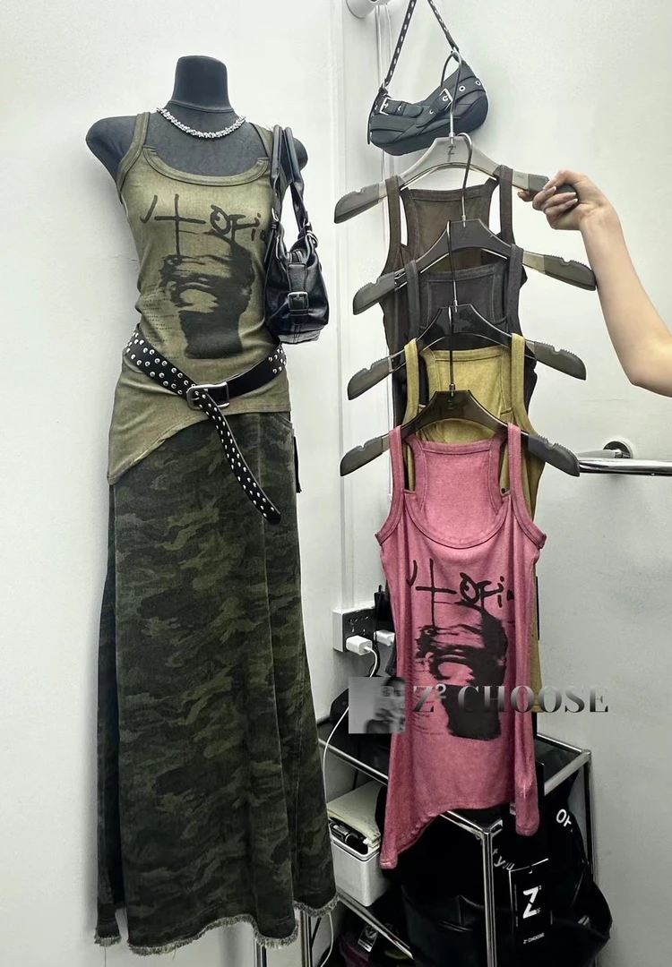 1408做旧背心长款夏季网红辣妹风无袖