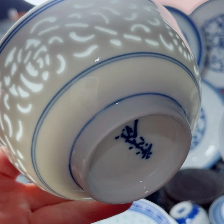 青花玲珑5寸饭碗满雕双福双线