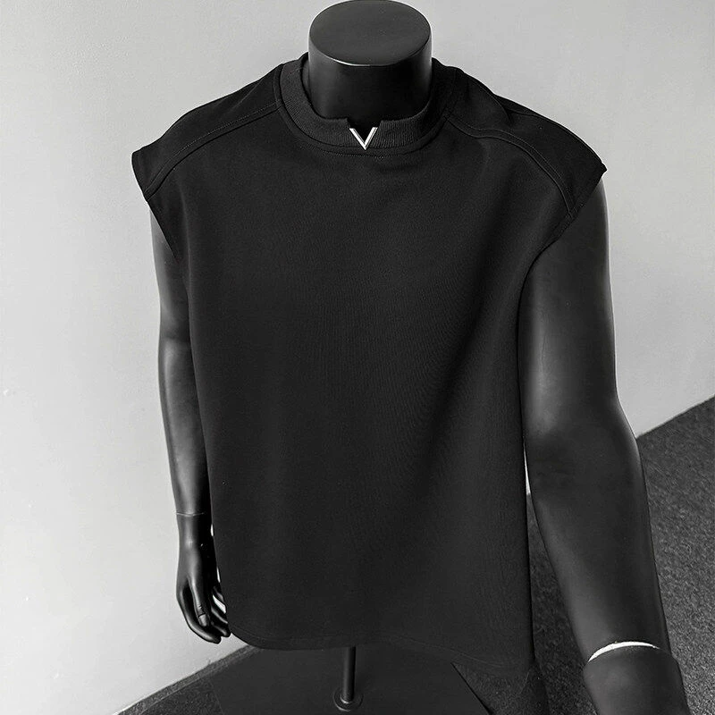 金属小V领重磅坎肩背心男款夏季潮牌美式运动无袖t恤宽松休闲汗衫