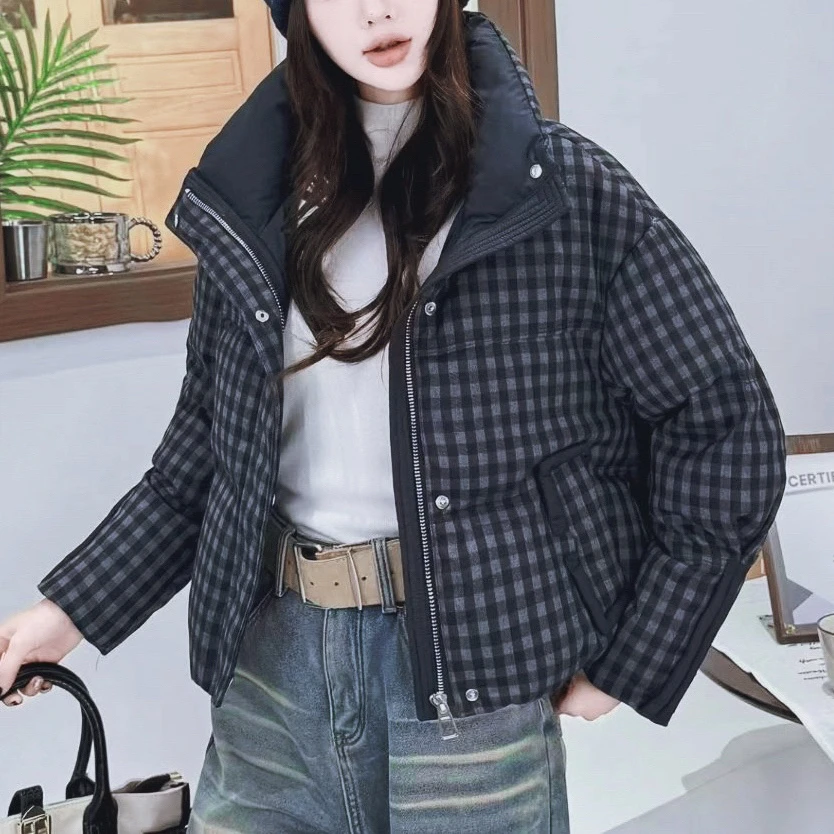 825-1200款冬季新款短款格子立领宽松加厚保暖女士棉服外套长58