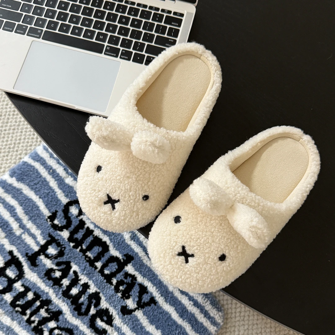 可爱米菲兔ins加绒棉拖鞋女秋冬季外穿防滑厚底居家保暖毛毛拖鞋