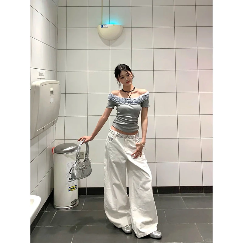 花边一字肩拼接短袖T恤两件套夏季韩系设计收腰拼接格纹白色裤子