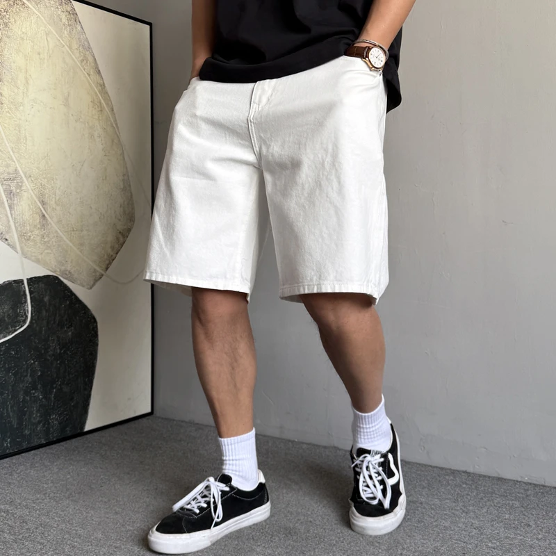 夏季美式休闲痞帅高端复古白色牛仔短裤男直筒宽松百搭五分裤子潮