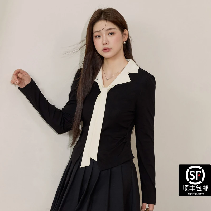 蓝语大码女装胖MM法式优雅v领黑色上衣秋新款显瘦百搭减龄长袖T恤