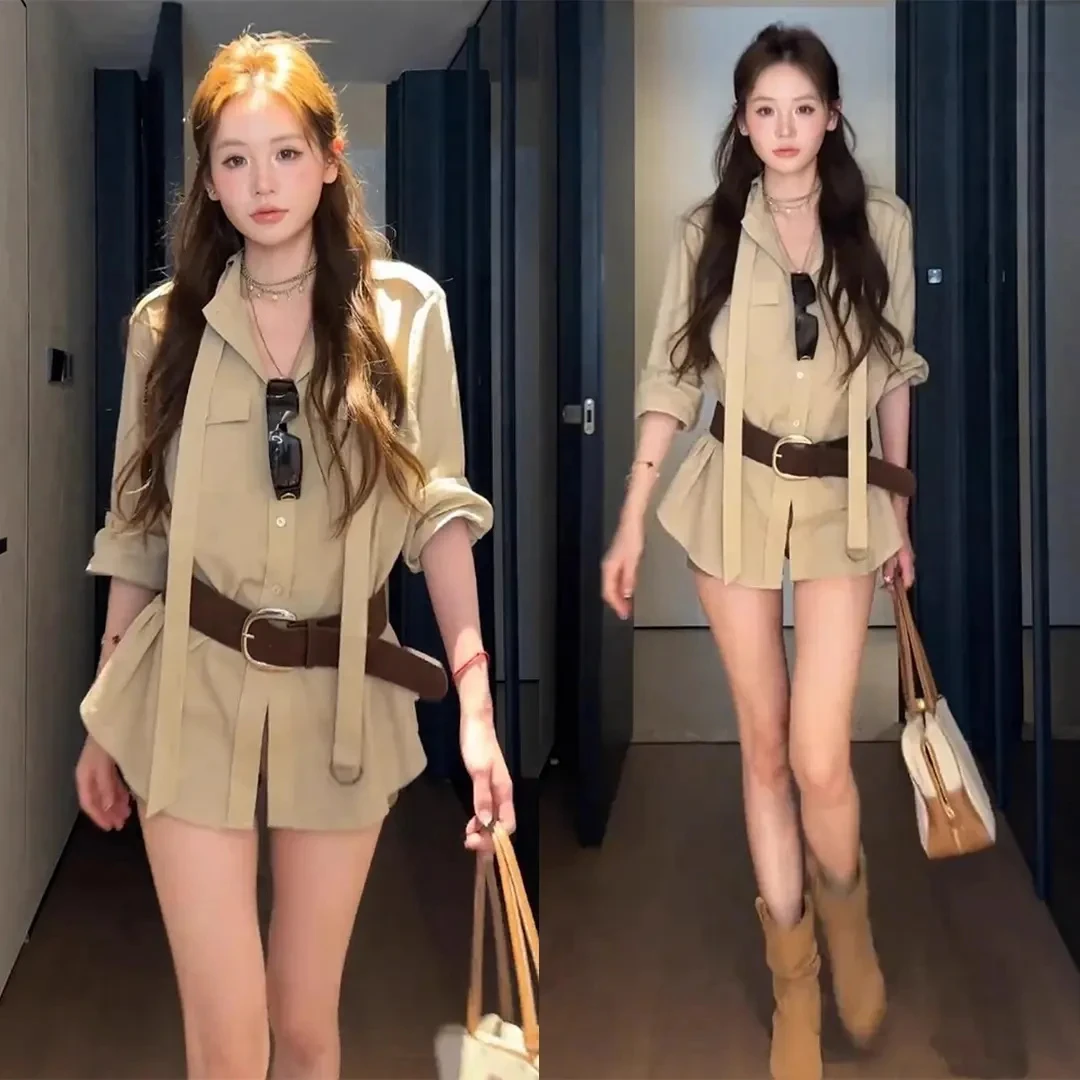 【嘉蓝专属】气质复古时尚穿搭长袖防晒衬衫外套2025秋季新款配腰带