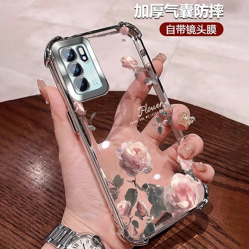 新款适用opporeno6手机壳气囊防摔套RENO6PRO全包镜头膜 透明女款