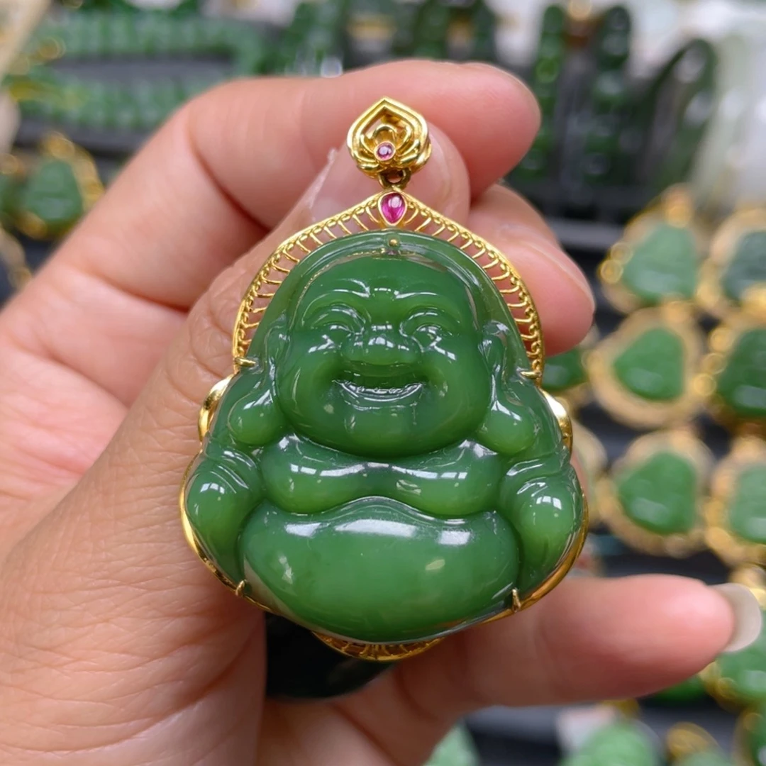 和田玉（碧玉）吊坠(不含链)18K金镶嵌