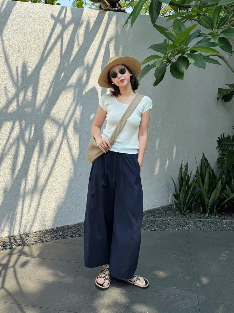 2025夏季新款韩系白色圆领正肩短袖t恤修身显瘦休闲阔腿裤套装女