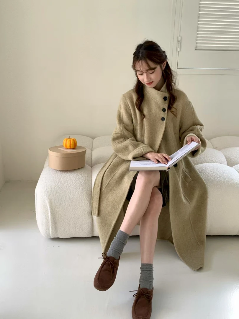 羊毛大衣女濮院秋冬立领宽松系带高级感加长款双面羊毛双面呢外套