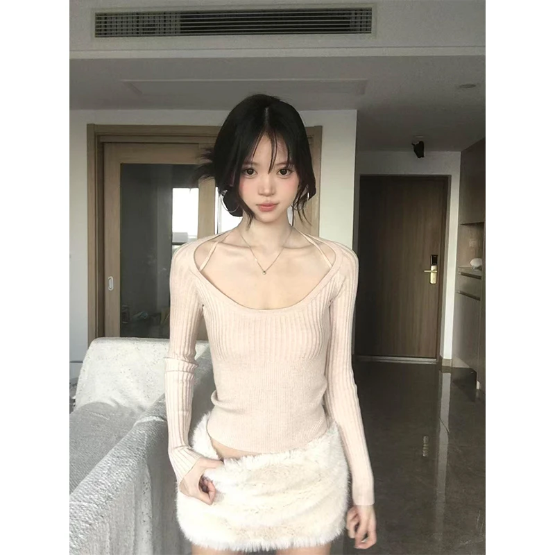 秋冬穿搭软糯打底粉色长袖针织衫女辣妹纯欲风上衣修身显瘦半身裙