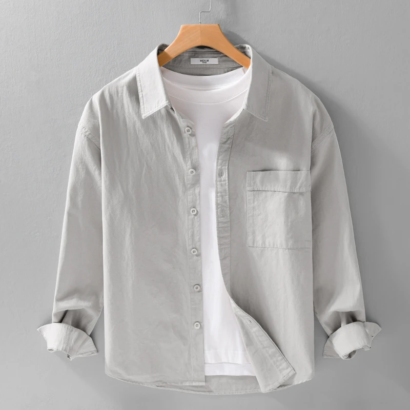 春季新款日系复古高级感纯色衬衣男士宽松休闲纯棉长袖衬衫男外套